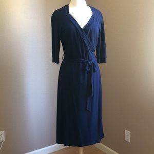 SOLD Merona 3/4 Sleeve Faux Wrap Dress Navy Midi Length Career Stretchy